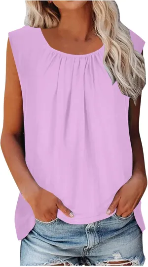 Women Summer Cotton Linen Tank Tops Oversize Sleeveless Crew Neck Beach T-Shirt Loose Fit Flowy Basic Shirts