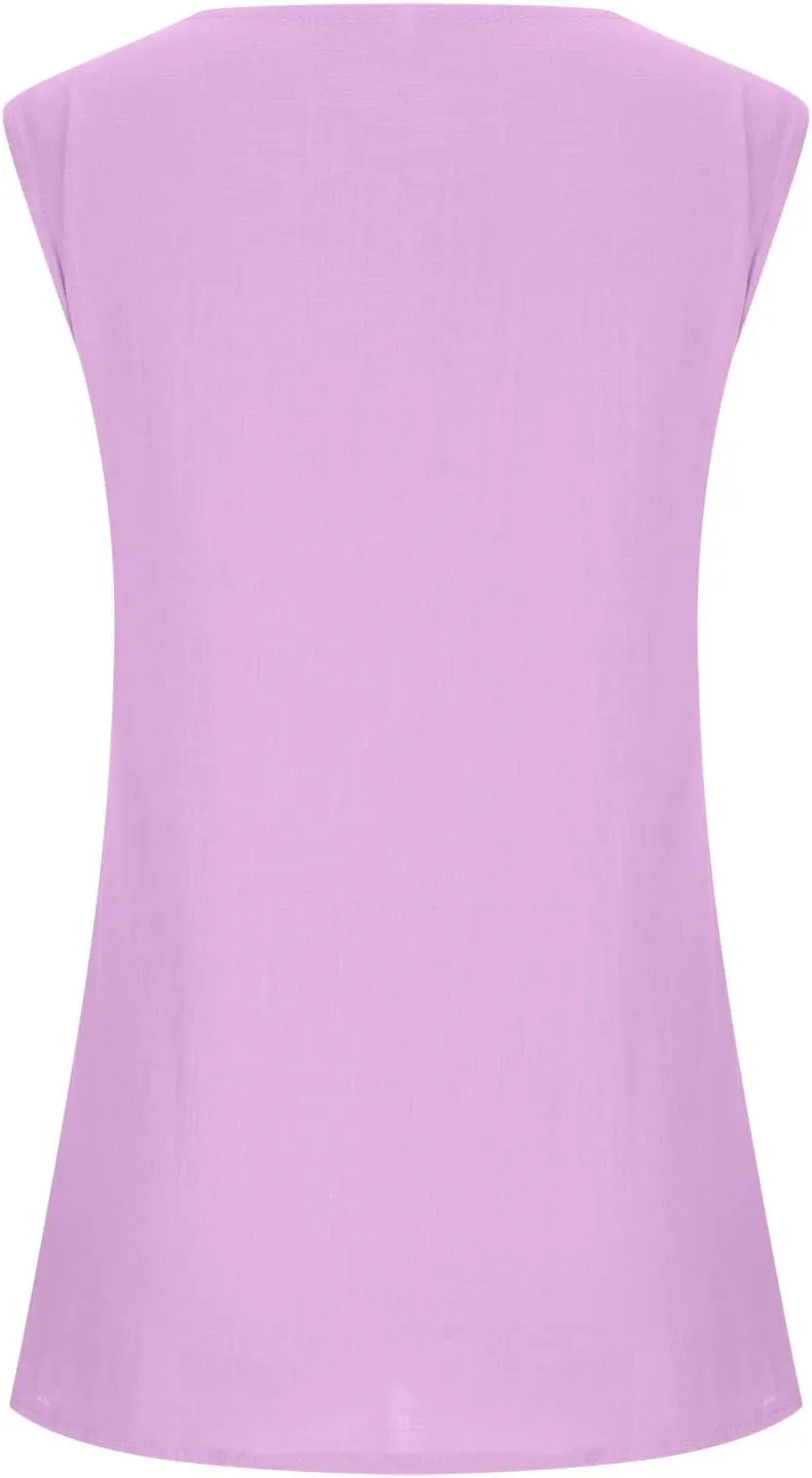 Women Summer Cotton Linen Tank Tops Oversize Sleeveless Crew Neck Beach T-Shirt Loose Fit Flowy Basic Shirts
