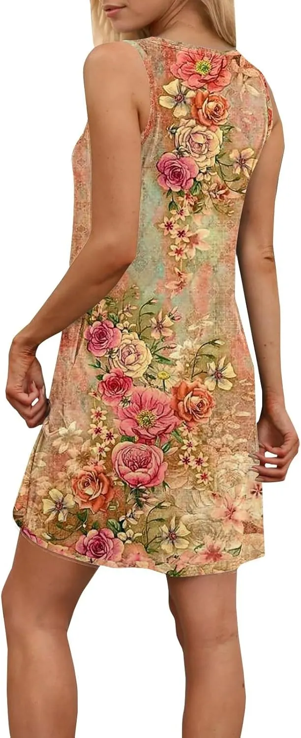 Women Summer Dresses 2025 Loose Beach Vacation Casual Dress Ladies Scoop Neck Sleeveless Sundresses with Pocket
