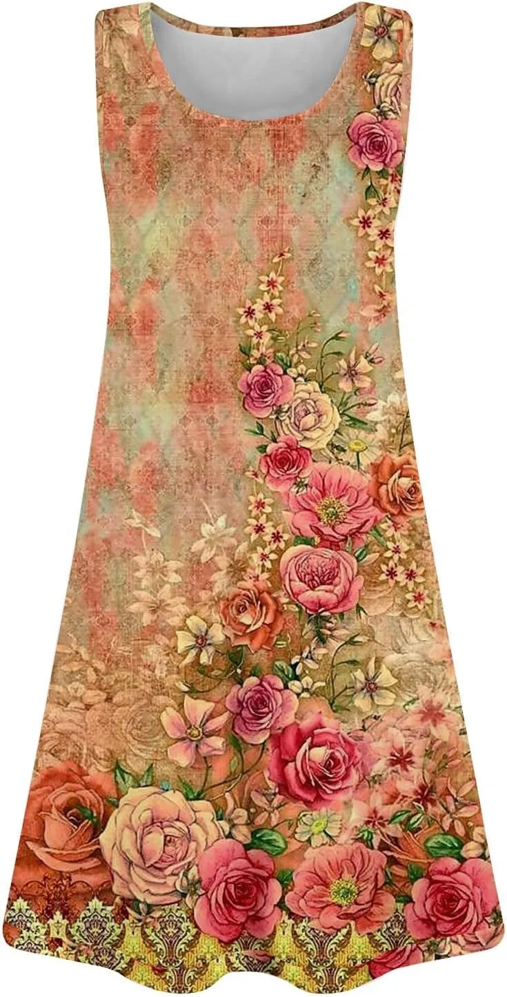 Women Summer Dresses 2025 Loose Beach Vacation Casual Dress Ladies Scoop Neck Sleeveless Sundresses with Pocket