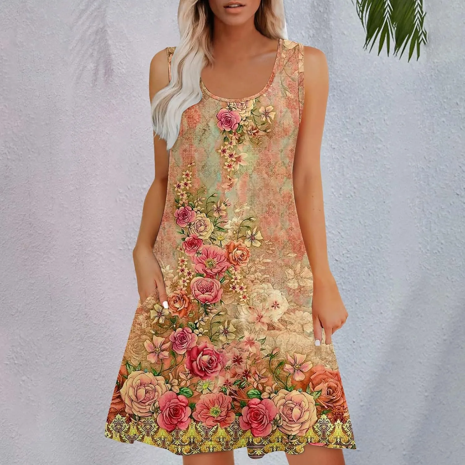 Women Summer Dresses 2025 Loose Beach Vacation Casual Dress Ladies Scoop Neck Sleeveless Sundresses with Pocket