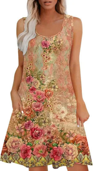 Women Summer Dresses 2025 Loose Beach Vacation Casual Dress Ladies Scoop Neck Sleeveless Sundresses with Pocket
