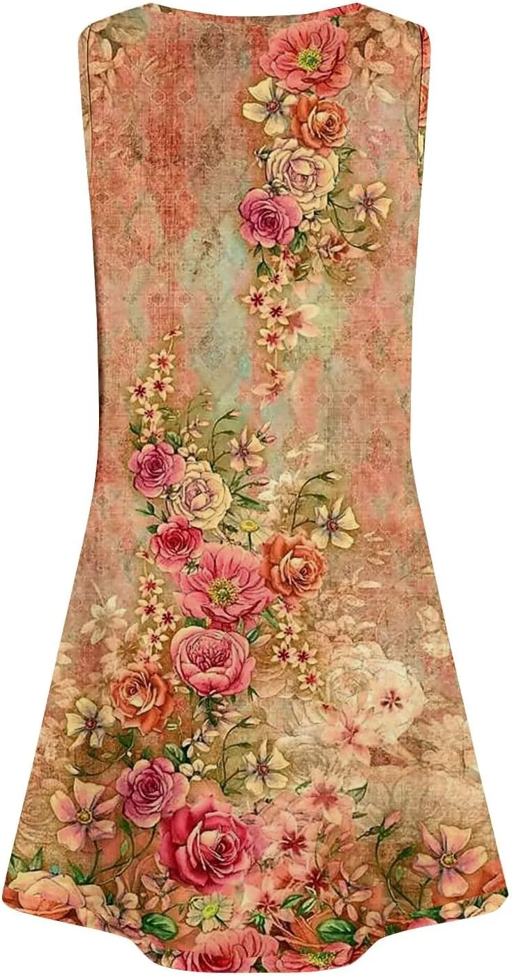 Women Summer Dresses 2025 Loose Beach Vacation Casual Dress Ladies Scoop Neck Sleeveless Sundresses with Pocket