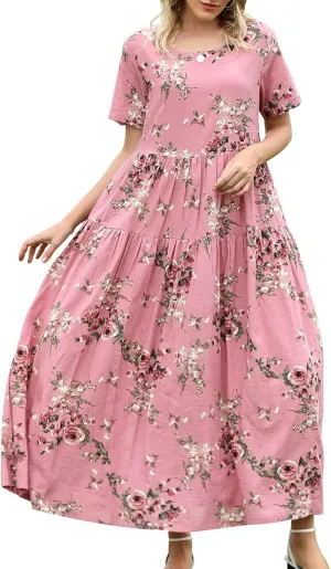 Women Summer Dresses Short Sleeves Crew Neck Casual Beach Maxi Dresses Floral Prints Flowy Boho Long Swing Dress