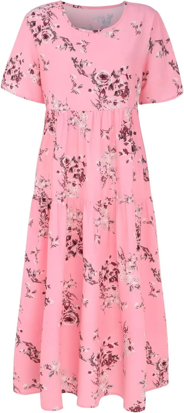 Women Summer Dresses Short Sleeves Crew Neck Casual Beach Maxi Dresses Floral Prints Flowy Boho Long Swing Dress