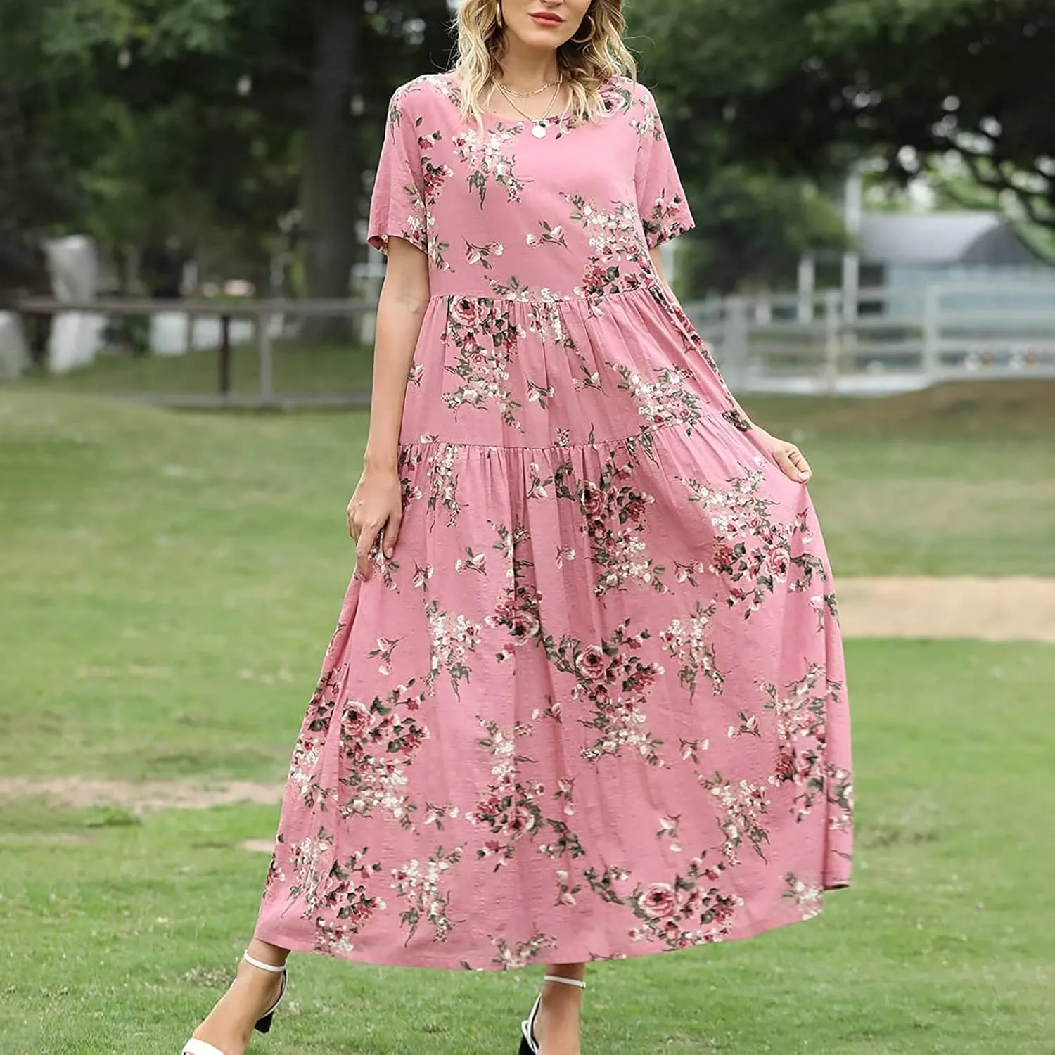 Women Summer Dresses Short Sleeves Crew Neck Casual Beach Maxi Dresses Floral Prints Flowy Boho Long Swing Dress