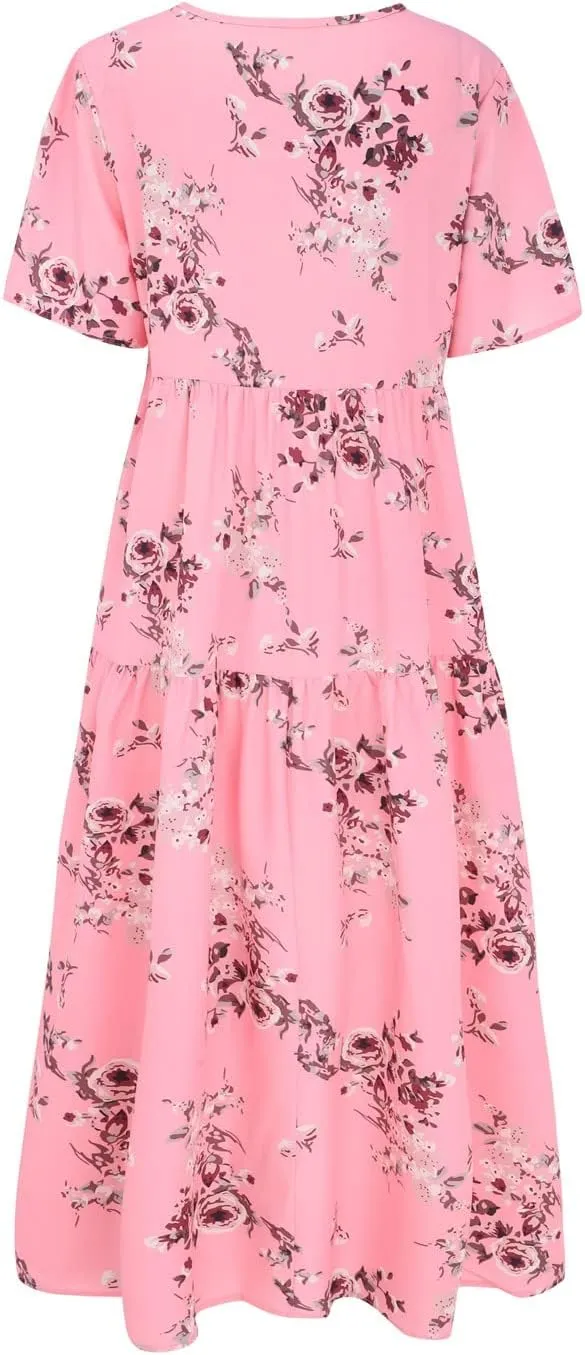 Women Summer Dresses Short Sleeves Crew Neck Casual Beach Maxi Dresses Floral Prints Flowy Boho Long Swing Dress