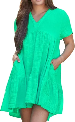 Women Summer Mini Dresses Short Sleeve V Neck Loose Smocked Tiered Flowy Pleated Cute Babydoll Dress with Pockets