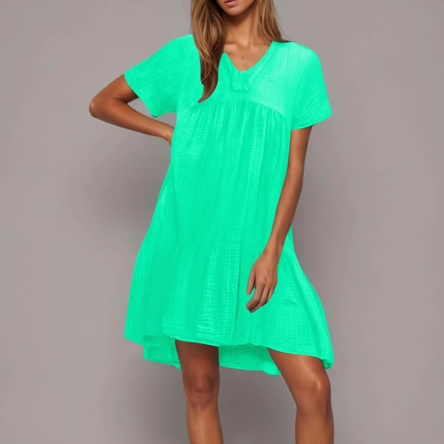 Women Summer Mini Dresses Short Sleeve V Neck Loose Smocked Tiered Flowy Pleated Cute Babydoll Dress with Pockets
