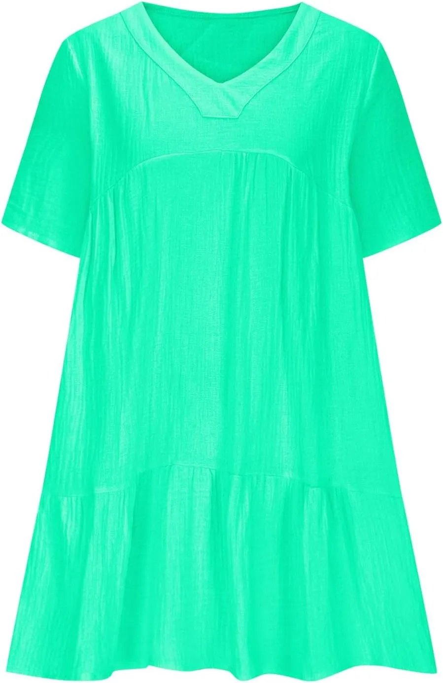 Women Summer Mini Dresses Short Sleeve V Neck Loose Smocked Tiered Flowy Pleated Cute Babydoll Dress with Pockets