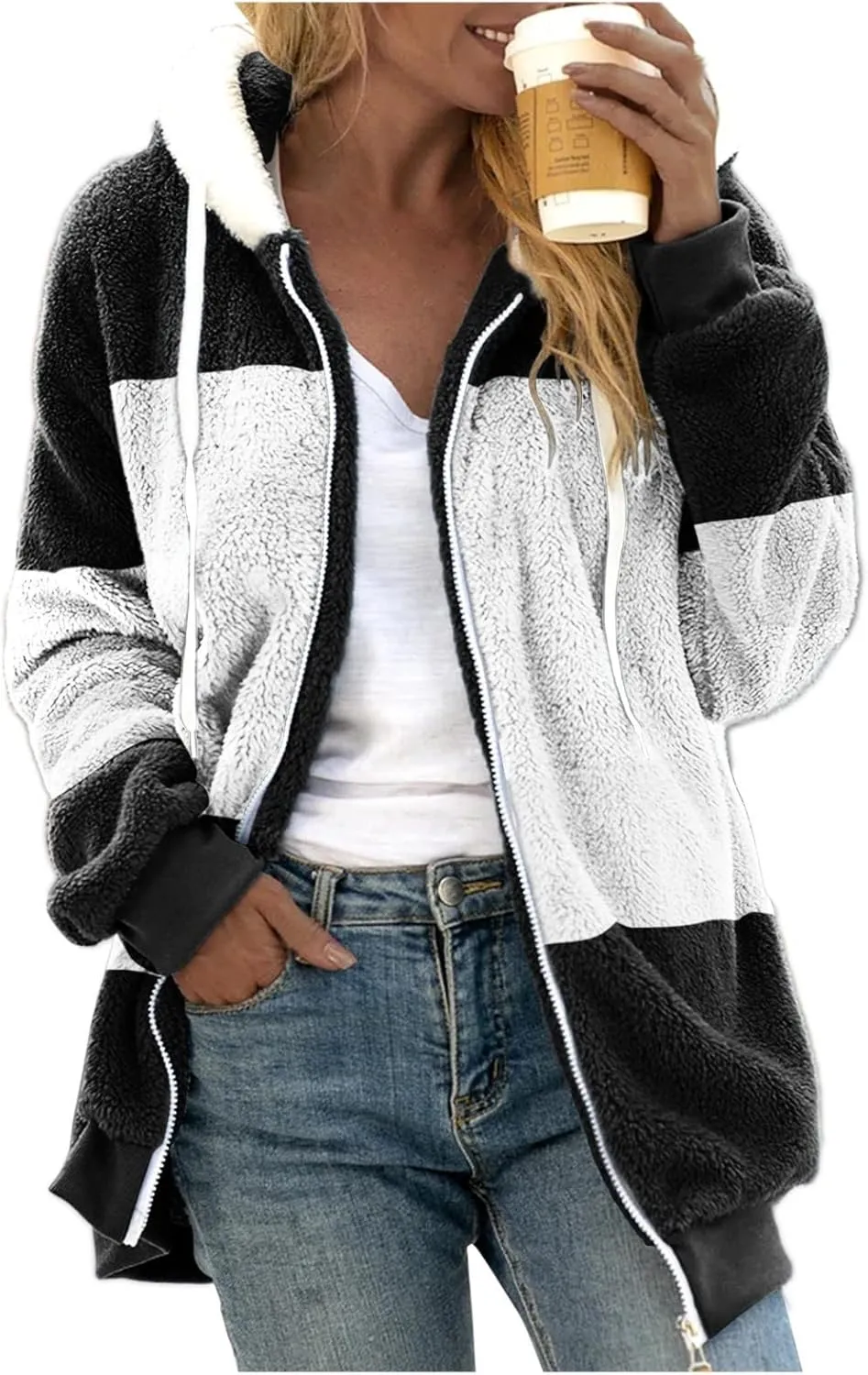 Women Winter Faux Fur Coat Trendy Long Sleeve Fuzzy Fleece Outerwear Zipper Sherpa Jackets with Hood Plus Size Tops
