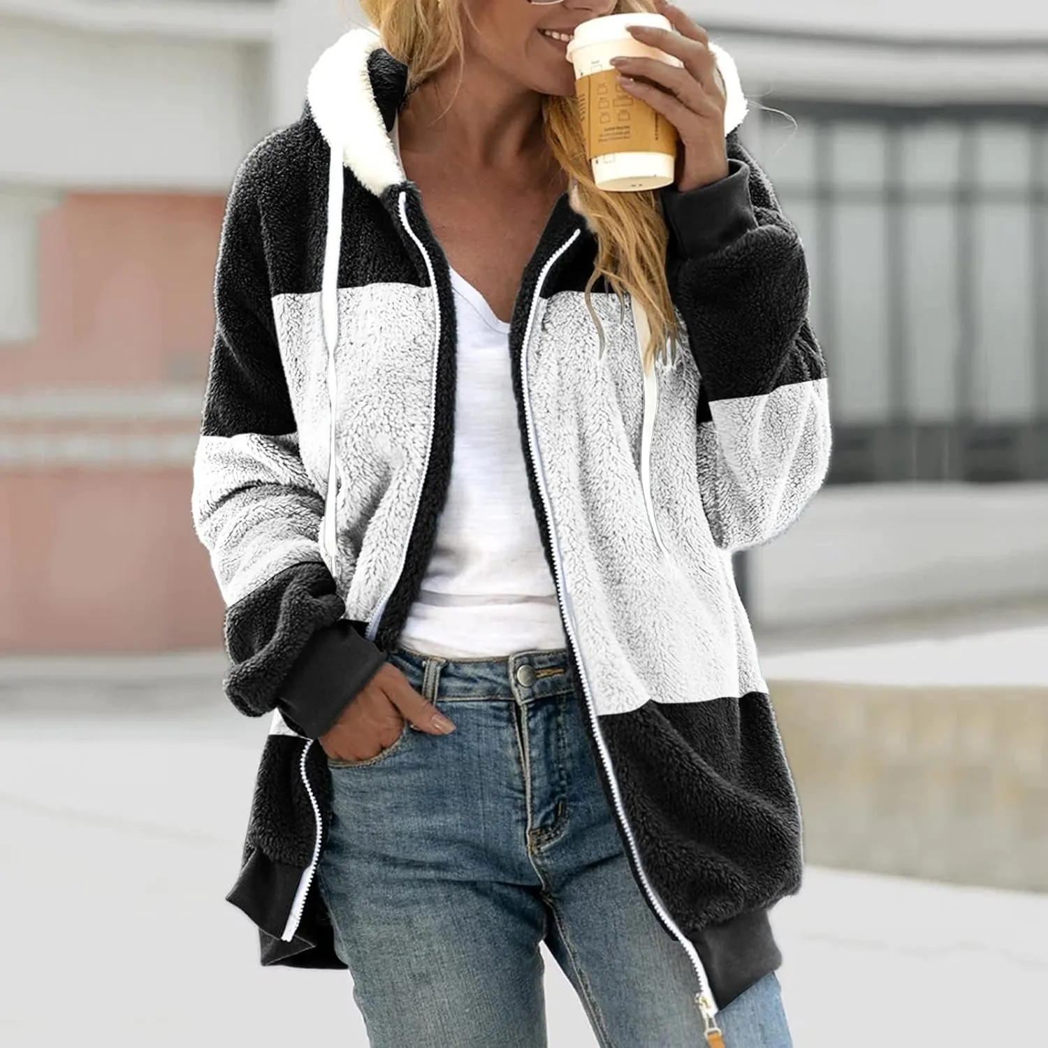 Women Winter Faux Fur Coat Trendy Long Sleeve Fuzzy Fleece Outerwear Zipper Sherpa Jackets with Hood Plus Size Tops