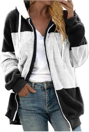 Women Winter Faux Fur Coat Trendy Long Sleeve Fuzzy Fleece Outerwear Zipper Sherpa Jackets with Hood Plus Size Tops