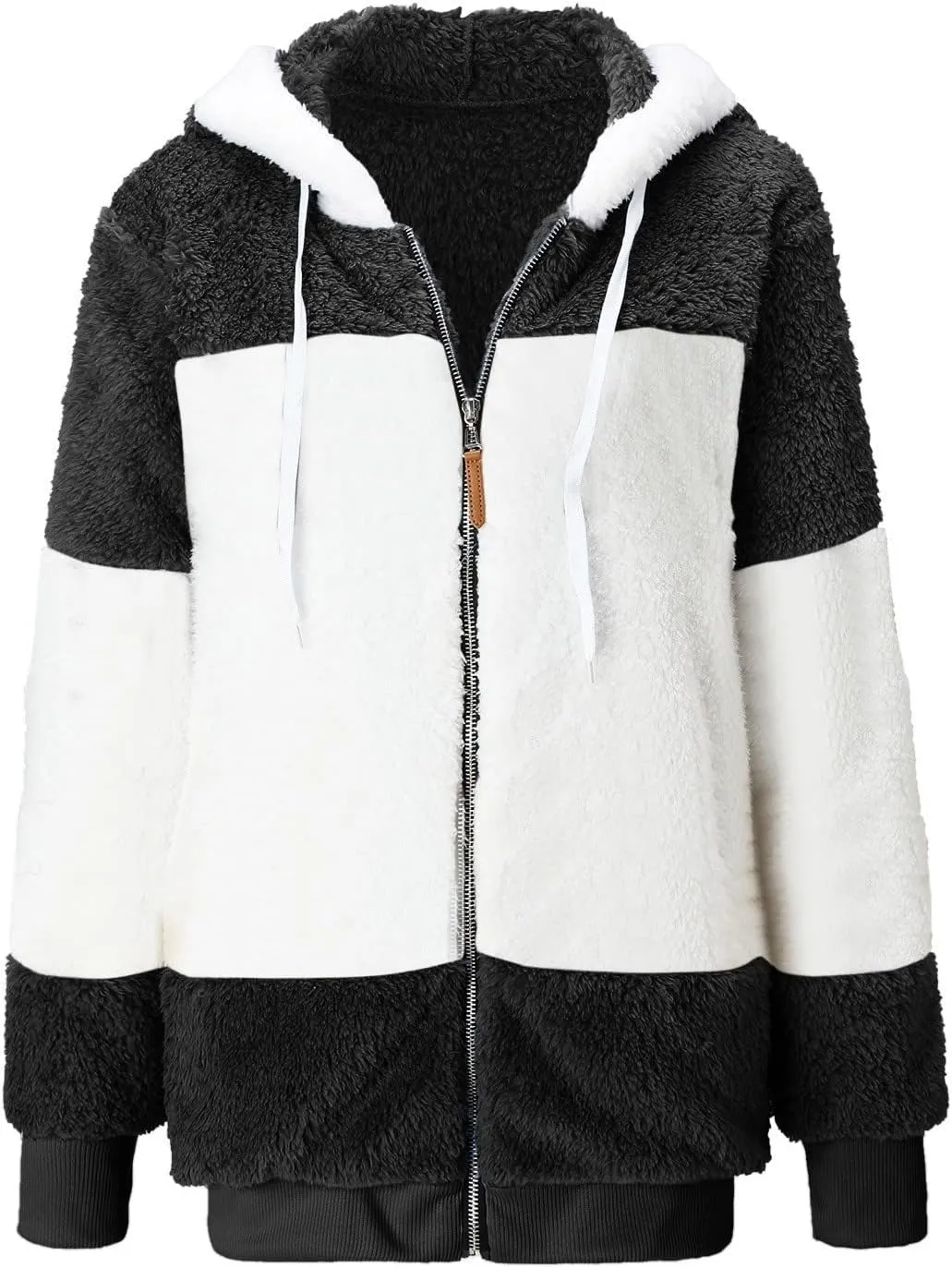 Women Winter Faux Fur Coat Trendy Long Sleeve Fuzzy Fleece Outerwear Zipper Sherpa Jackets with Hood Plus Size Tops