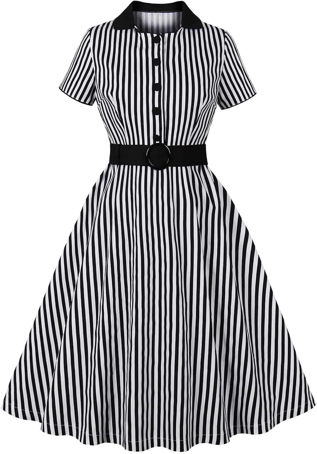 Womens 1950s Vintage Striped Cocktail Dresses Hepburn Style Doll Collar Short Sleeve A-Line Swing Dress with Pockets