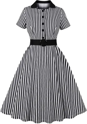 Womens 1950s Vintage Striped Cocktail Dresses Hepburn Style Doll Collar Short Sleeve A-Line Swing Dress with Pockets