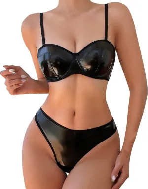 Women's 2 Piece PU Leather Underwire Speghetti Strap Bralettes and Thongs Wetlook Cut Out Lingerie Sets for Women Sexy Outfit
