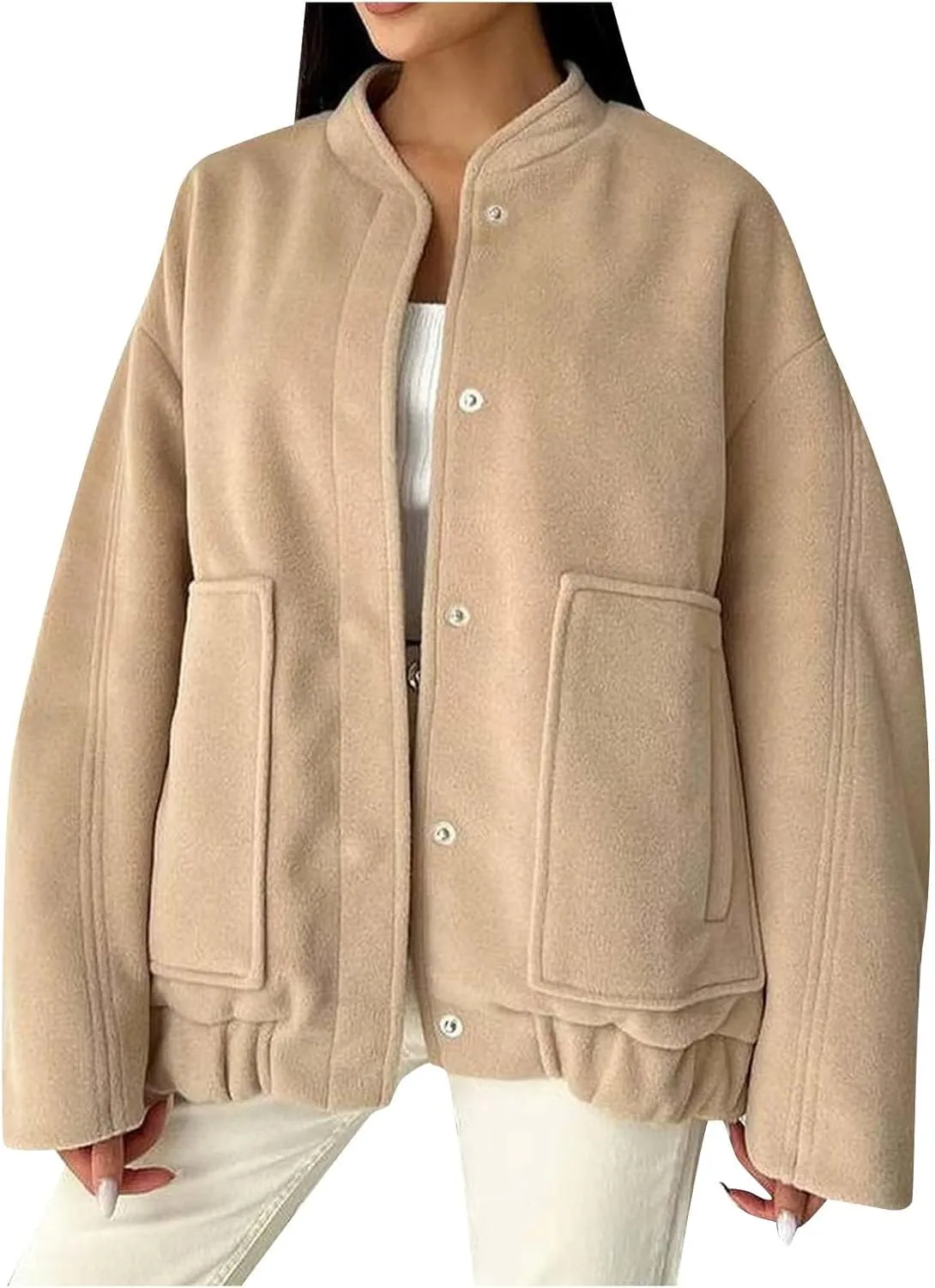 Women's 2023 Fall Oversized Long Sleeve Stand Collar Jackets Classic Button Down Wool Blend Solid Coats with Pockets