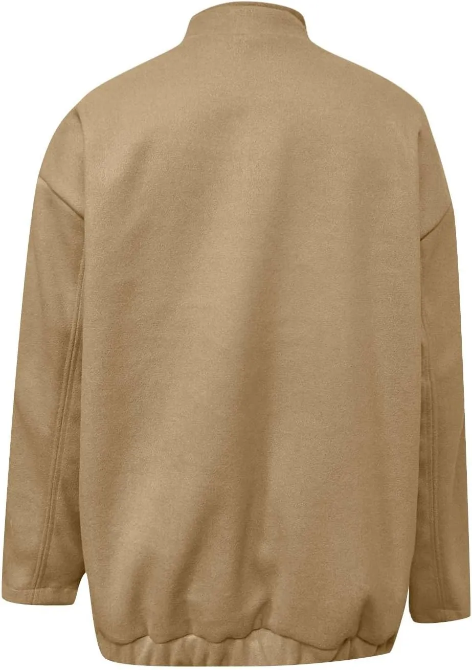 Women's 2023 Fall Oversized Long Sleeve Stand Collar Jackets Classic Button Down Wool Blend Solid Coats with Pockets