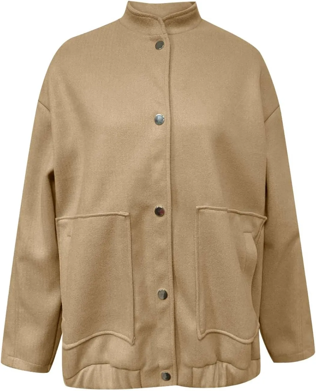Women's 2023 Fall Oversized Long Sleeve Stand Collar Jackets Classic Button Down Wool Blend Solid Coats with Pockets