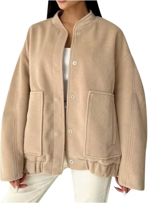 Women's 2023 Fall Oversized Long Sleeve Stand Collar Jackets Classic Button Down Wool Blend Solid Coats with Pockets