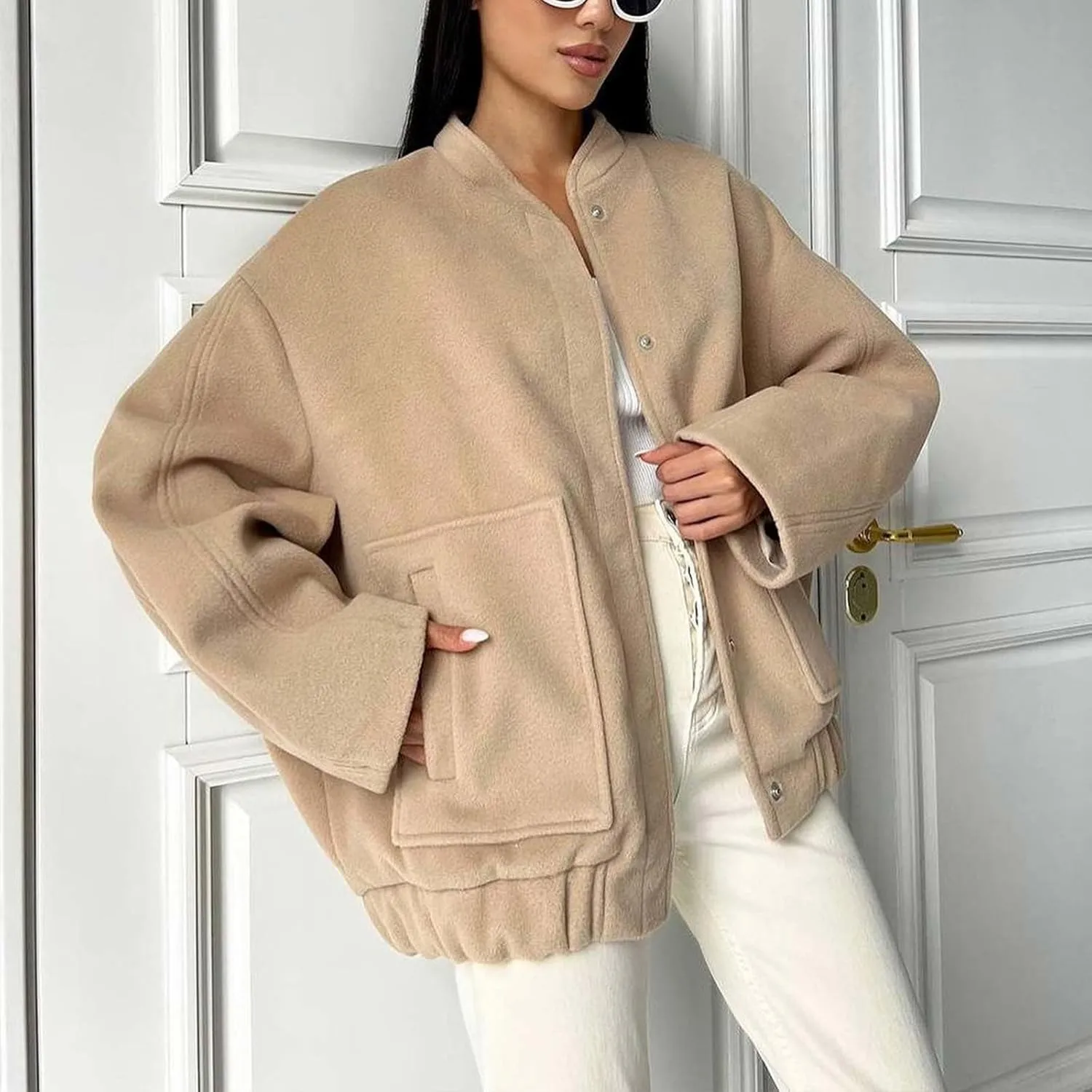 Women's 2023 Fall Oversized Long Sleeve Stand Collar Jackets Classic Button Down Wool Blend Solid Coats with Pockets