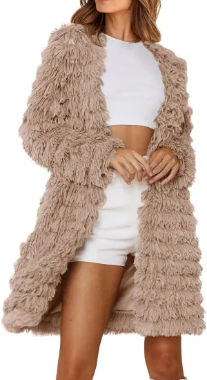 Women's 2023 Winter Faux Fur Jackets Fall Fashion Mid Long Open Front Cardigan Coats Shaggy Warm Outerwear Overcoat