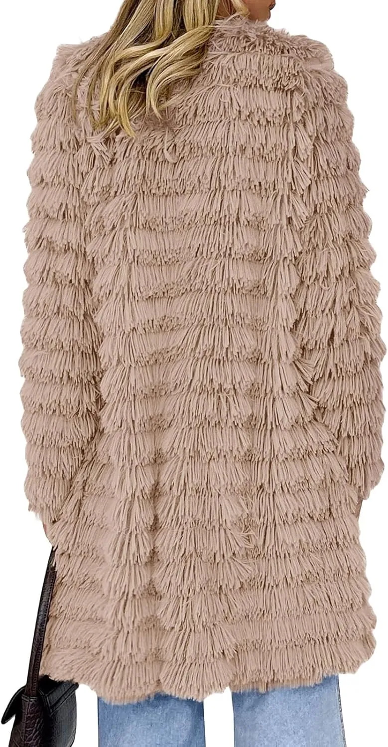 Women's 2023 Winter Faux Fur Jackets Fall Fashion Mid Long Open Front Cardigan Coats Shaggy Warm Outerwear Overcoat