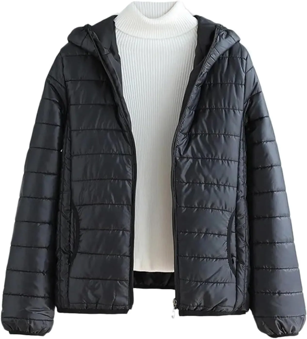 Womens 2024 Classic Solid Quilted Puffer Coat Long Sleeve Zipper Hooded Down Coat Insulated Casual Fitted Outwear