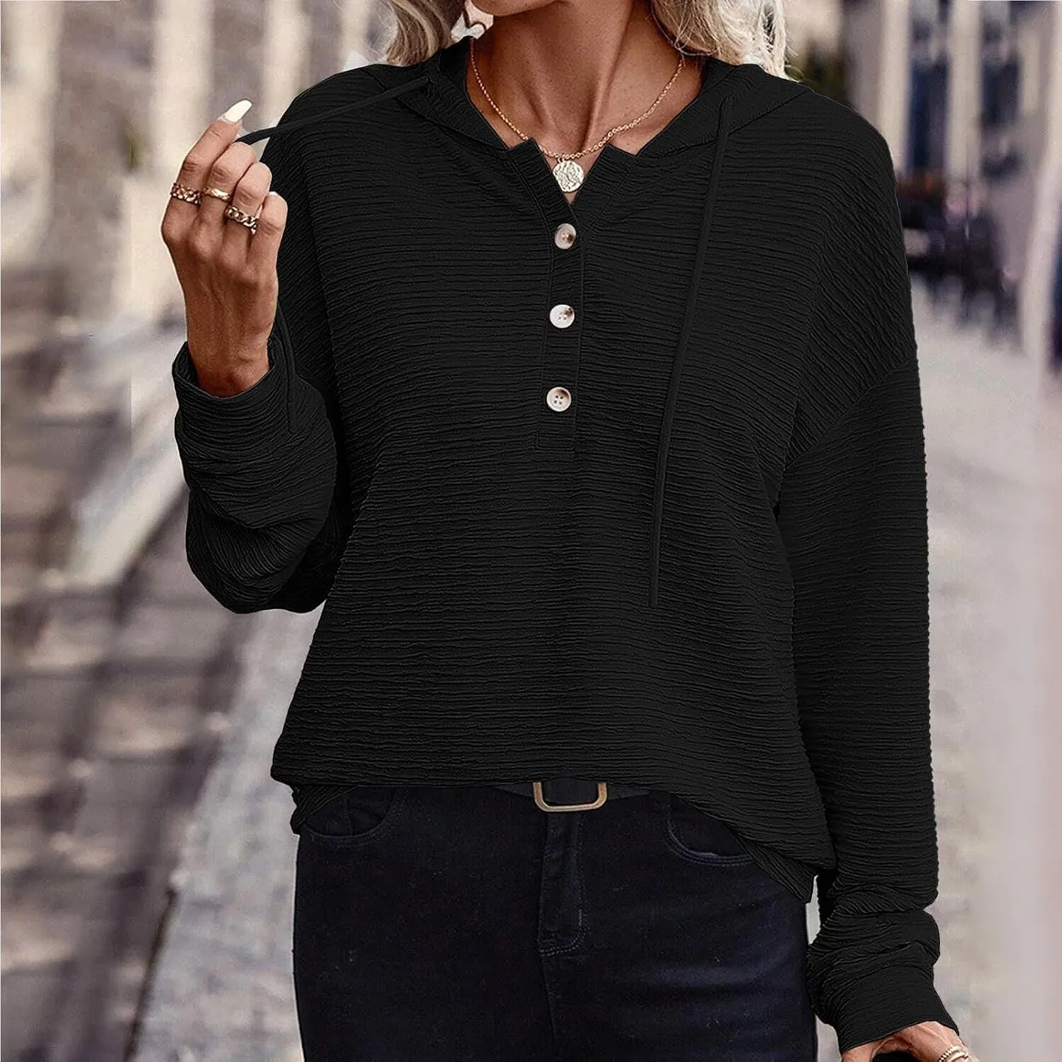 Womens 2024 Hooded Button Drawstring Hoodies Pullover Sweatshirts Casual Long Sleeve Tops Shirts Trendy Warm Tops