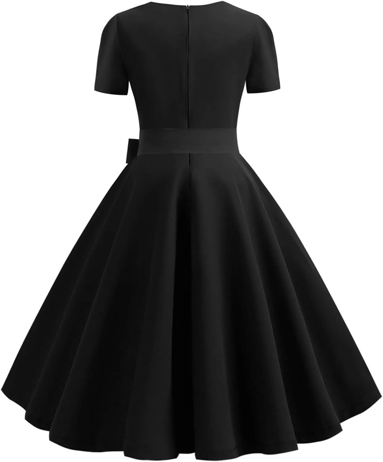 Womens Audrey Hepburn Style 1950s Retro Cocktail Swing Dress Vintage Square Neck Short Sleeve Bow A line Party Dress
