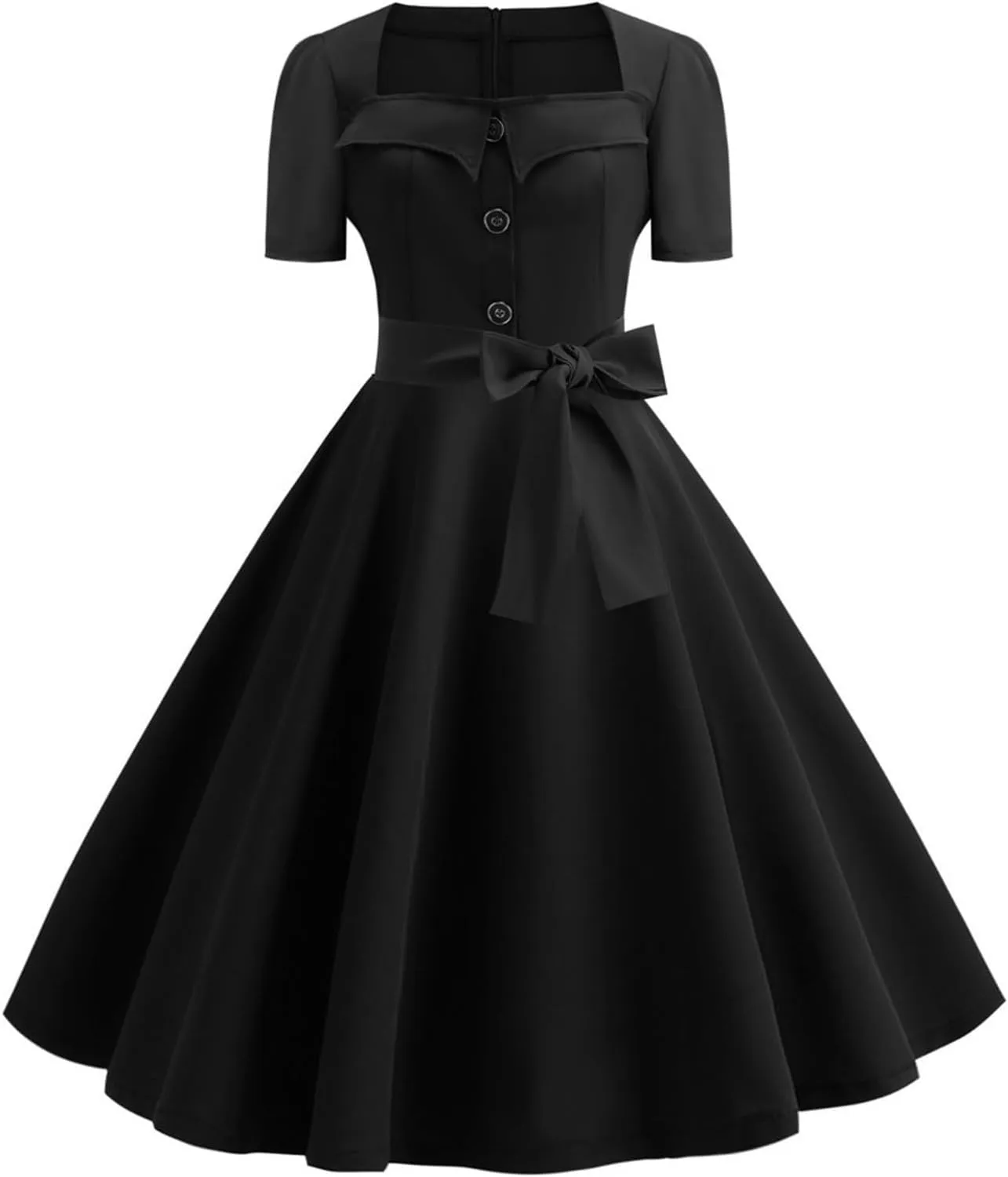 Womens Audrey Hepburn Style 1950s Retro Cocktail Swing Dress Vintage Square Neck Short Sleeve Bow A line Party Dress