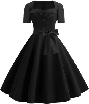 Womens Audrey Hepburn Style 1950s Retro Cocktail Swing Dress Vintage Square Neck Short Sleeve Bow A line Party Dress