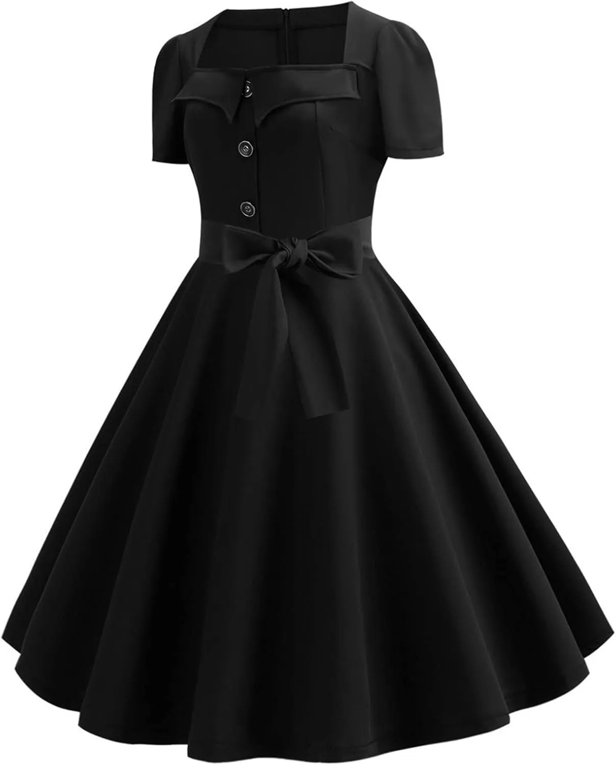 Womens Audrey Hepburn Style 1950s Retro Cocktail Swing Dress Vintage Square Neck Short Sleeve Bow A line Party Dress