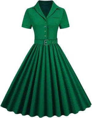 Womens Audrey Hepburn Style Dresses 1950s Vintage Lapel Button Up Short Sleeve Cocktail A-Line Swing Dress