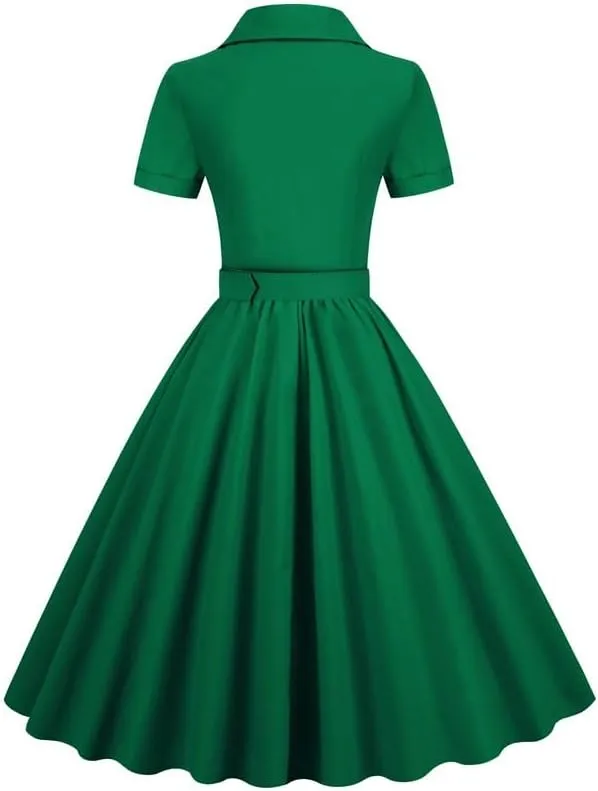 Womens Audrey Hepburn Style Dresses 1950s Vintage Lapel Button Up Short Sleeve Cocktail A-Line Swing Dress