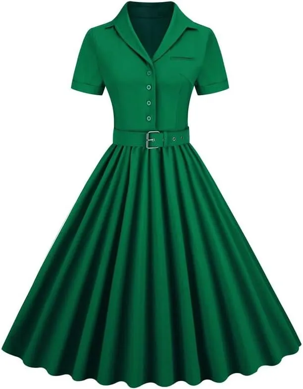 Womens Audrey Hepburn Style Dresses 1950s Vintage Lapel Button Up Short Sleeve Cocktail A-Line Swing Dress