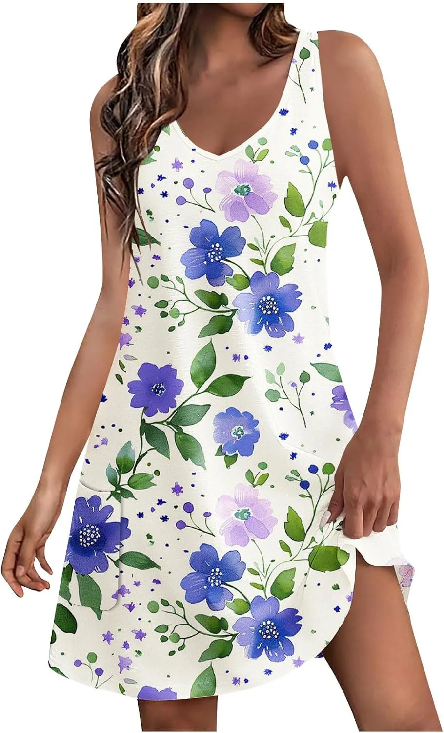 Women's Beach Dress Summer Fashion Floral Print V Neck Sleeveless Short Dress Casual Loose Breathable Sundress