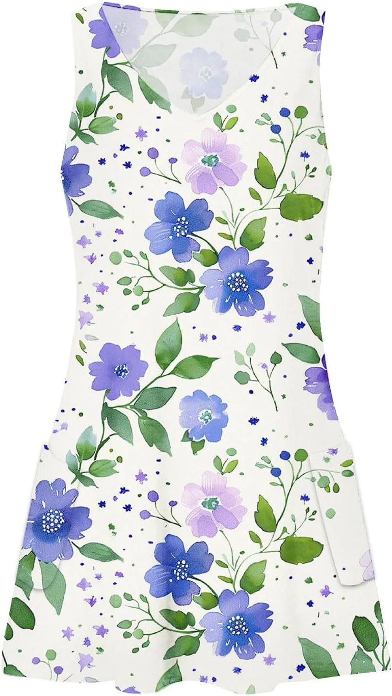 Women's Beach Dress Summer Fashion Floral Print V Neck Sleeveless Short Dress Casual Loose Breathable Sundress