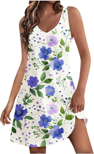 Women's Beach Dress Summer Fashion Floral Print V Neck Sleeveless Short Dress Casual Loose Breathable Sundress