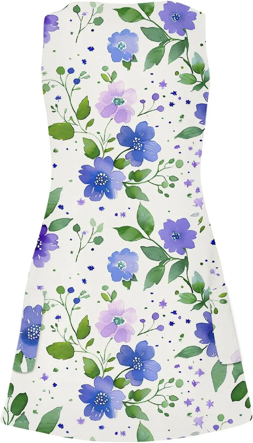 Women's Beach Dress Summer Fashion Floral Print V Neck Sleeveless Short Dress Casual Loose Breathable Sundress