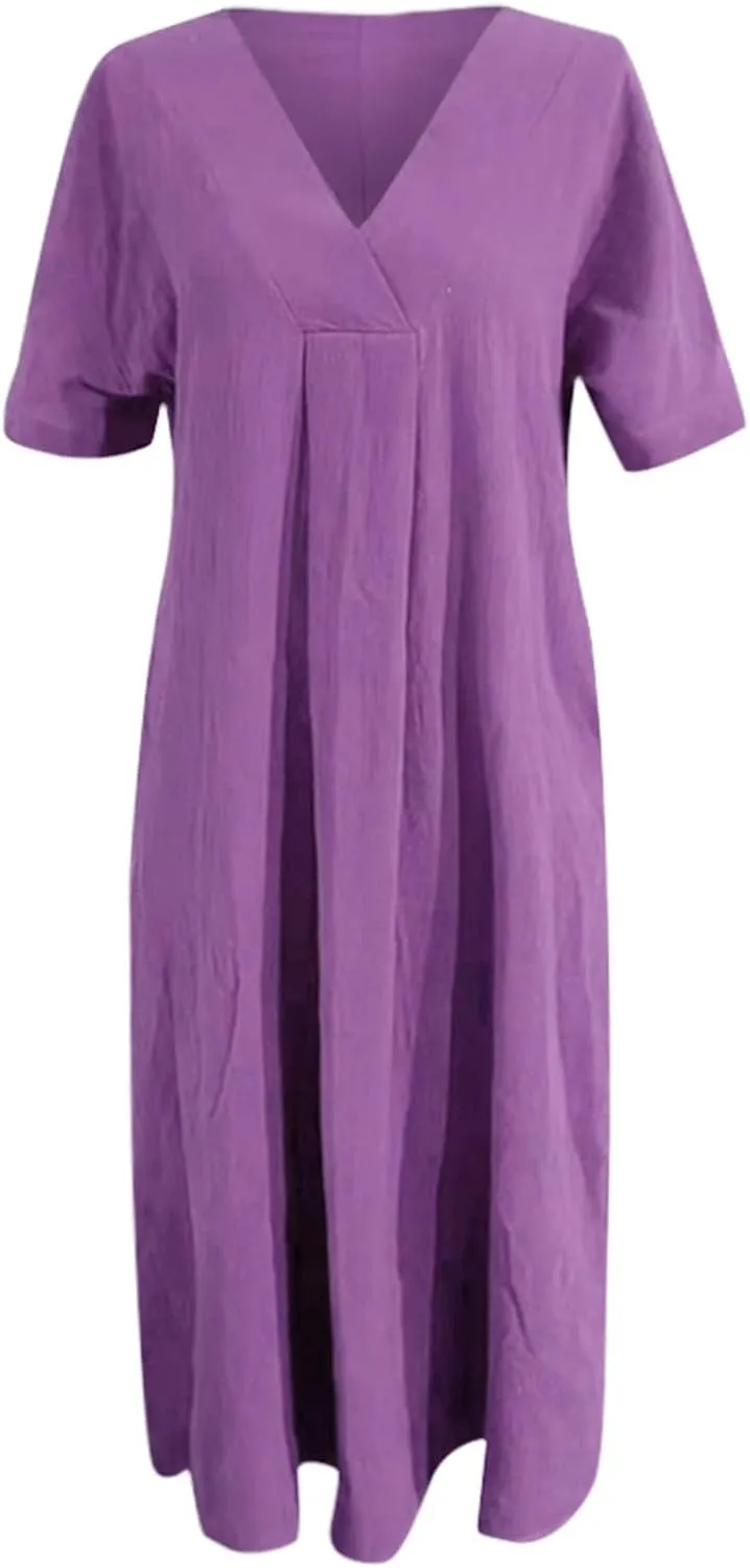 Women's Beach Vacation Bohemian Dress Vintage Casual V Neck Short Sleeve Flowy Dresses Summer Loose Fit Sundress