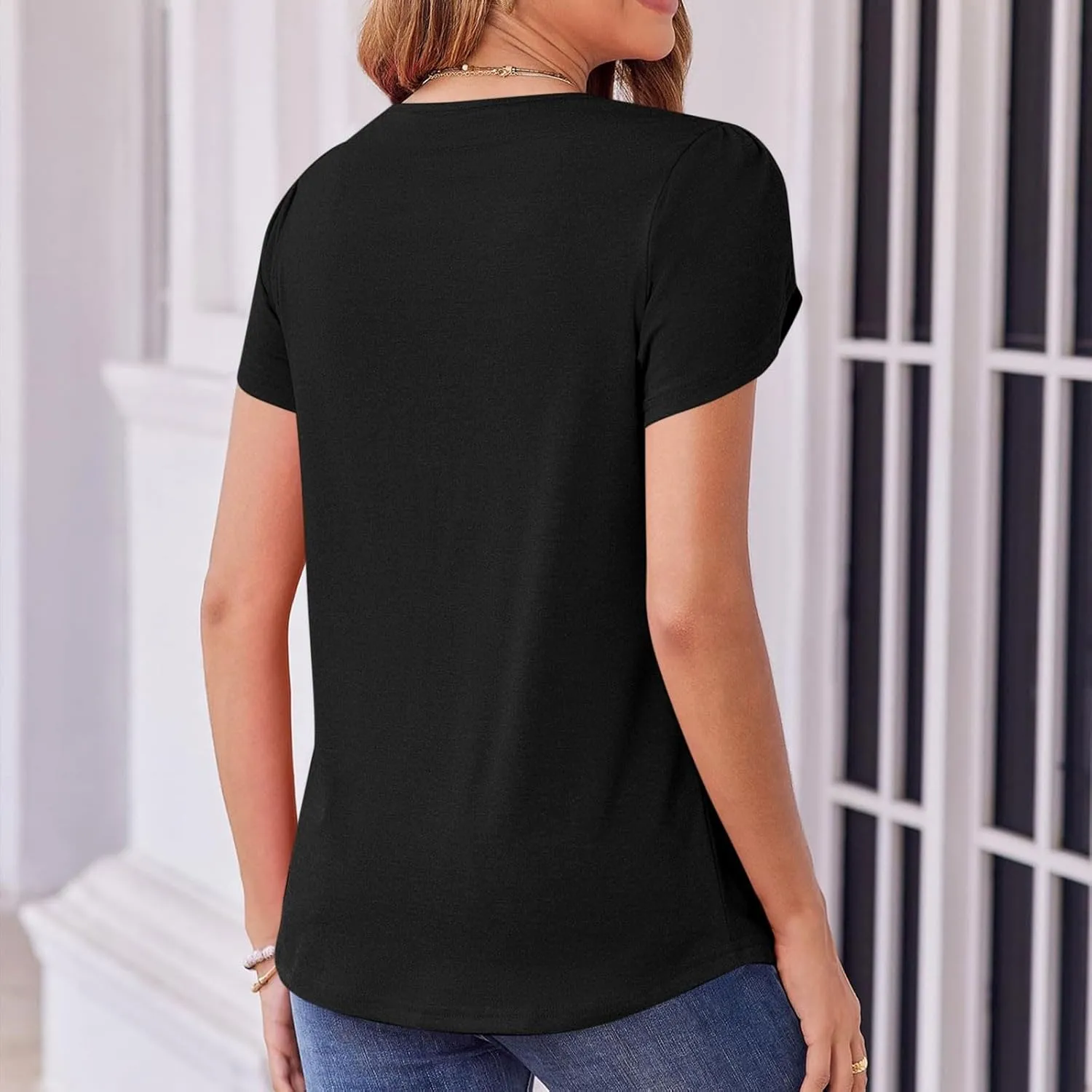 Womens Blouses Summer Petal Short Sleeve Tunic Tops Dressy Casual Pleated Floral Print T Shirt Business Work Shirts