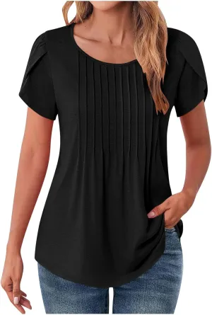 Womens Blouses Summer Petal Short Sleeve Tunic Tops Dressy Casual Pleated Floral Print T Shirt Business Work Shirts