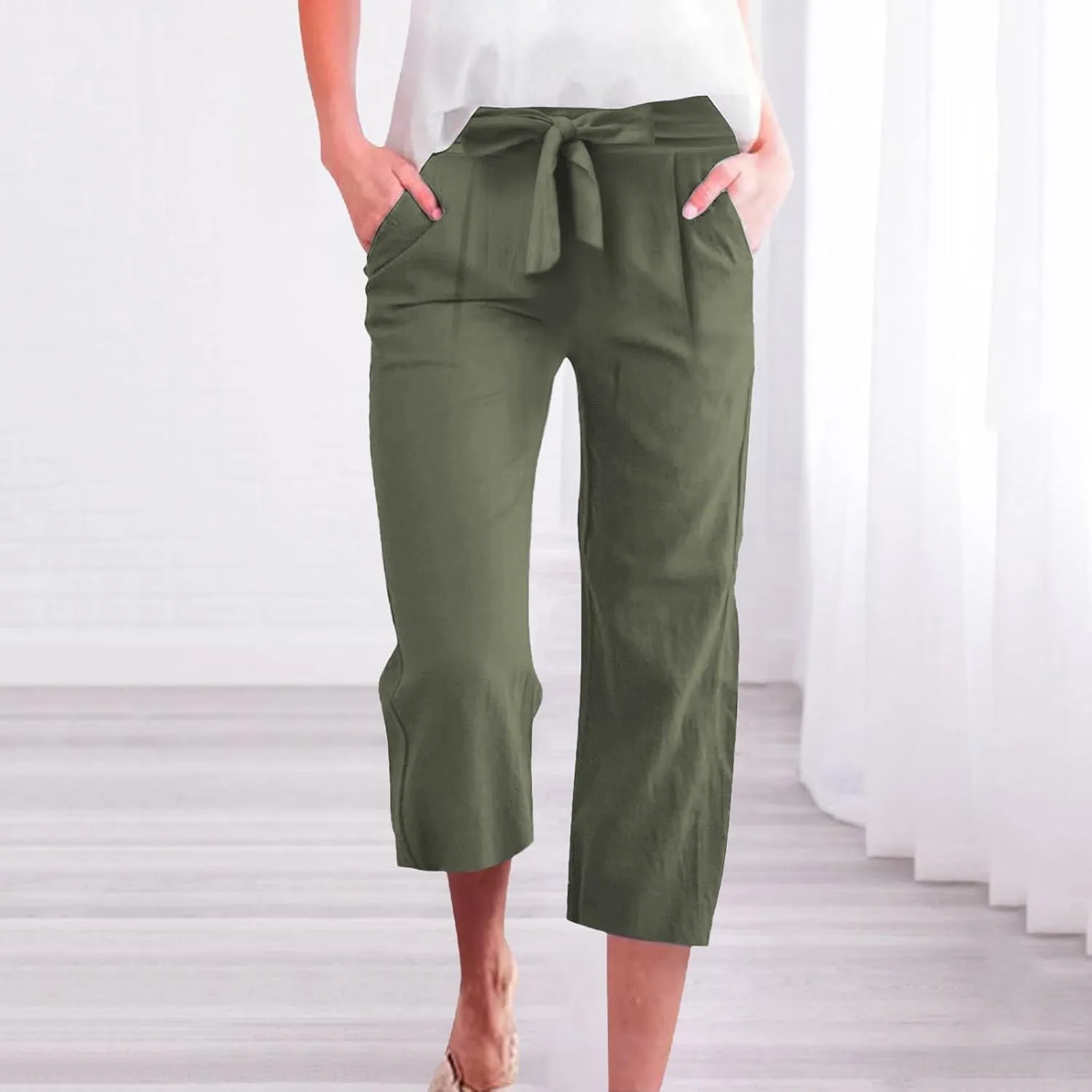 Womens Capri Pants Linen Cotton Straight Wide Leg Elastic Weight Trouser 2025 Casual Drawstring Pocket Pant