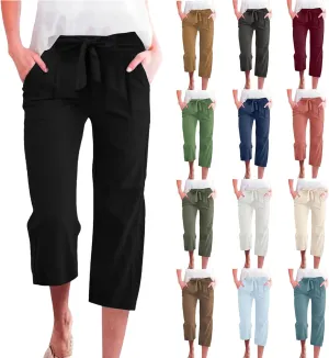 Womens Capri Pants Linen Cotton Straight Wide Leg Elastic Weight Trouser 2025 Casual Drawstring Pocket Pant