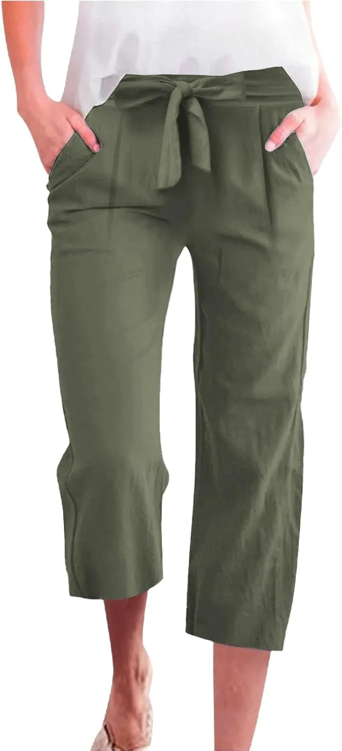 Womens Capri Pants Linen Cotton Straight Wide Leg Elastic Weight Trouser 2025 Casual Drawstring Pocket Pant
