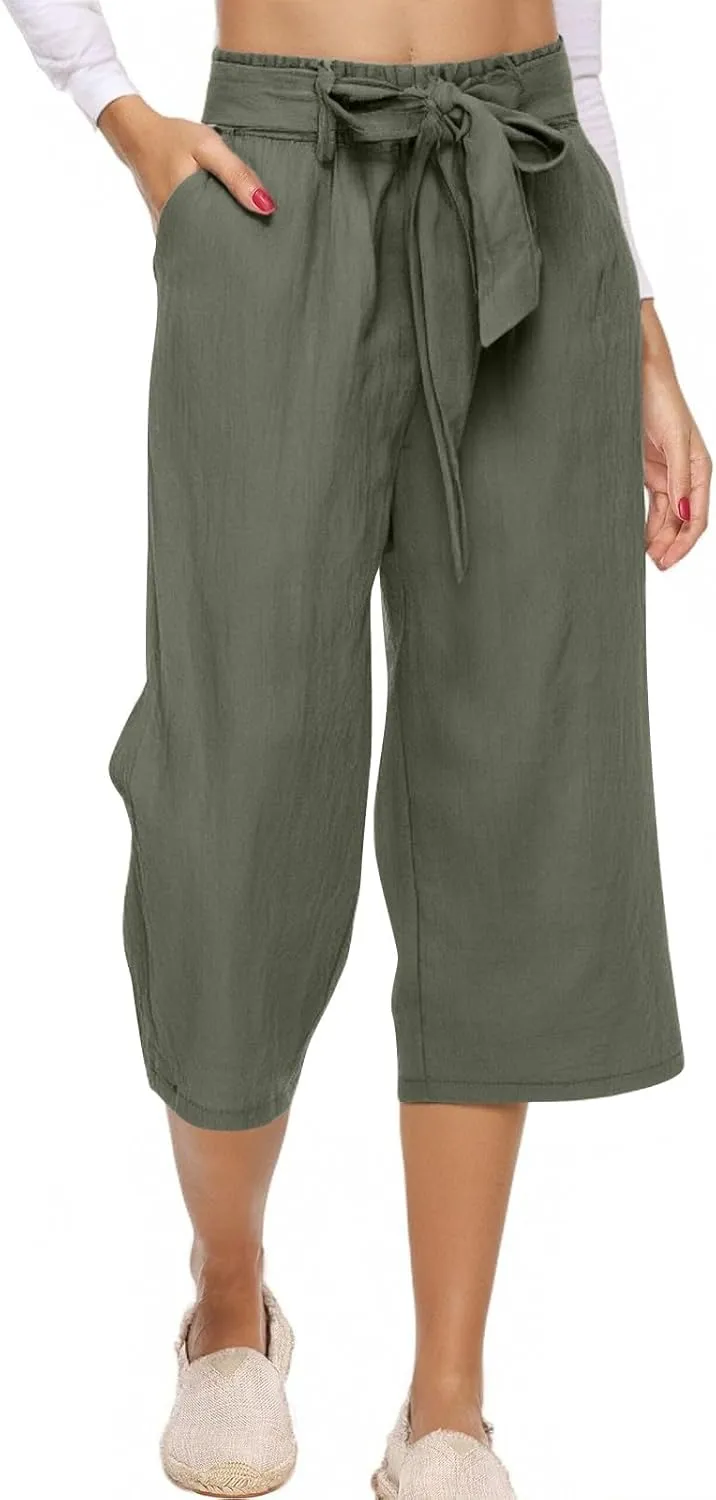 Womens Capri Pants Linen Cotton Straight Wide Leg Elastic Weight Trouser 2025 Casual Drawstring Pocket Pant