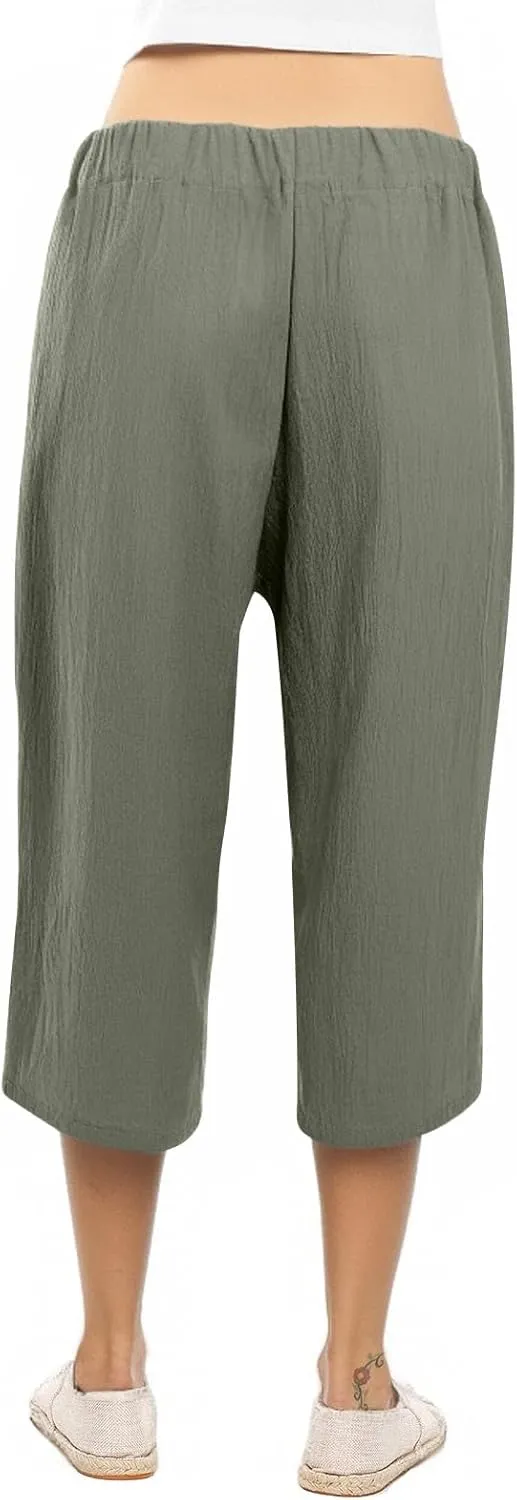 Womens Capri Pants Linen Cotton Straight Wide Leg Elastic Weight Trouser 2025 Casual Drawstring Pocket Pant