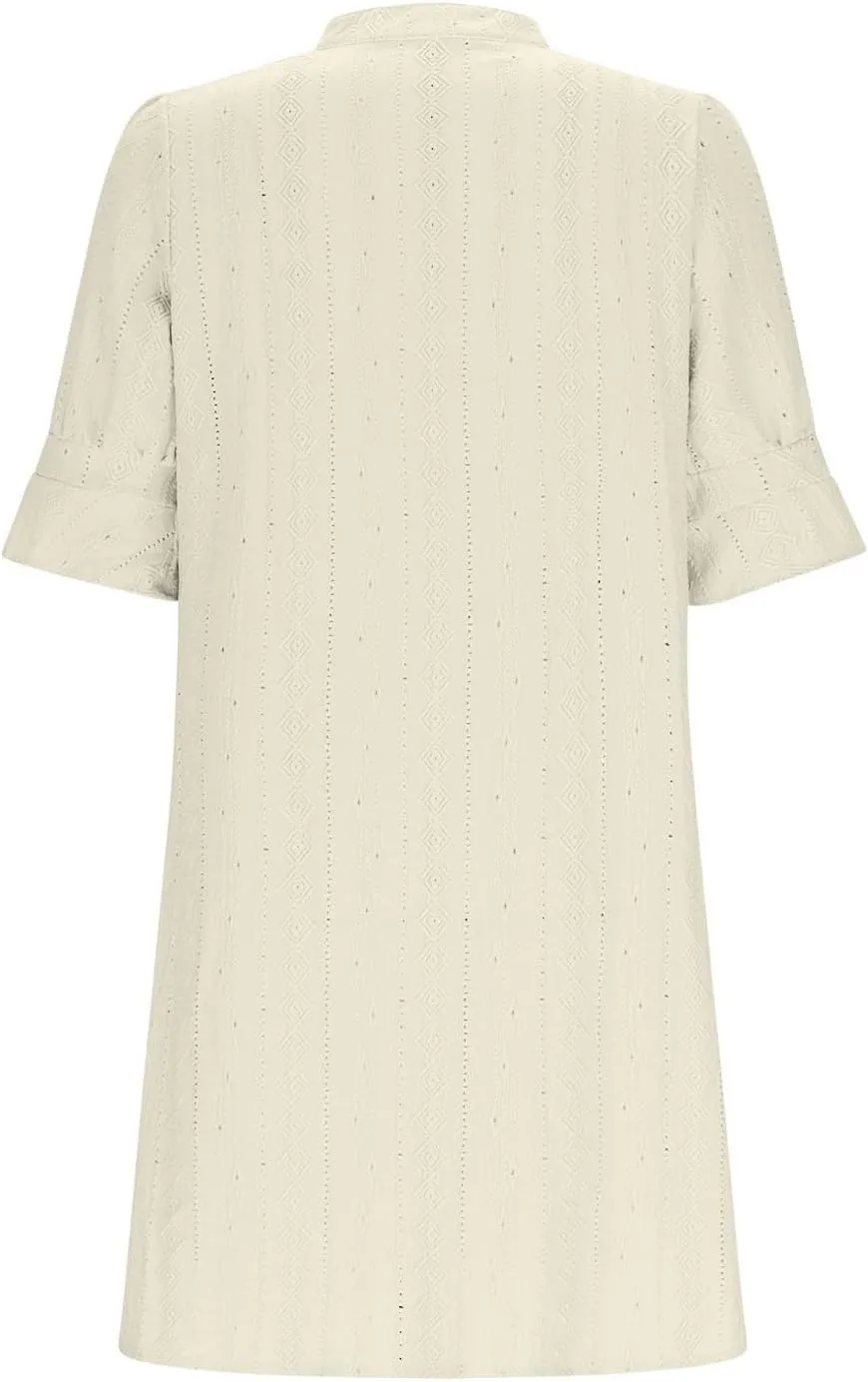 Womens Casual Loose Short Dress Summer Fashion V Neck Puff Sleeve Lightweight Breathable Beach Lounge Dresses